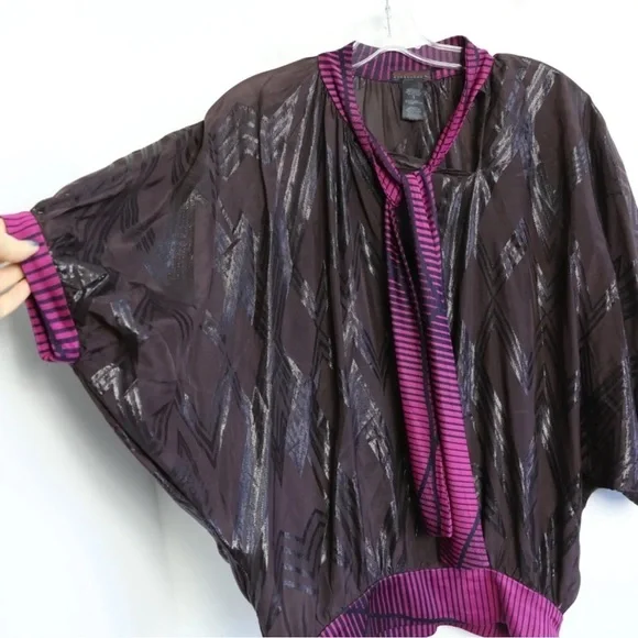 Custo Barcelona burgundy blouse unique designer top geometric print batwing tie